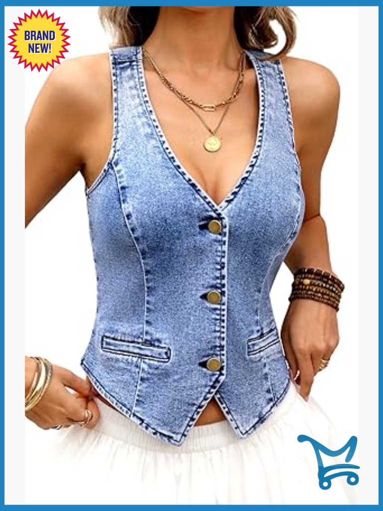 Cropped Denim Vest, High Stretch V-Neck Western Jean Vest